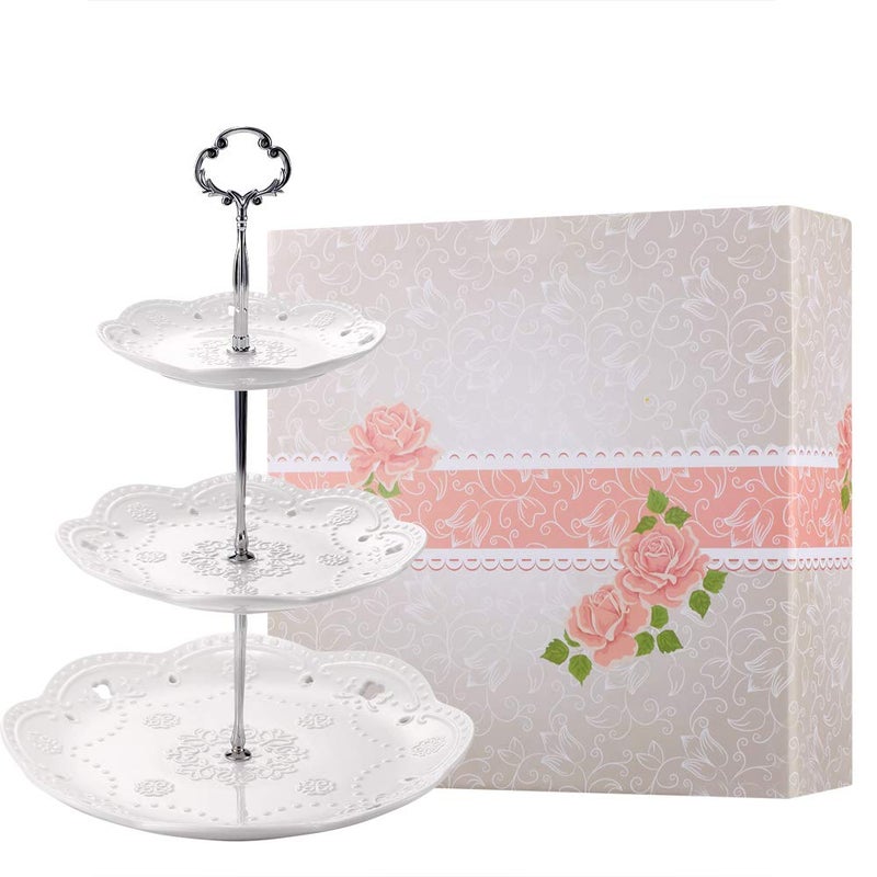BonNoces 3-Tier Porcelain Cupcake Stand Serving Tray - White Embossed Elegant Dessert Cake Stand - Pastry Serving Stand for Tea Party, Wedding and Birthday - Image 1